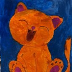 praca plastyczna malowana farbami, przedstawia pomarańczowego kota na niebieskim tle
