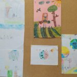 Na tablicy korkowej wisi sześć rysunków wykonanych przez dzieci. Rysunki dotyczą dbania o środowisko