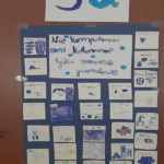 Plakat wykonany na granatowej kartce bristolu,mówiący z czym uczniom kl.3a kojarzy się ten kolor