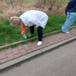 Nauczycielka sprzątająca śmieci z uczniami