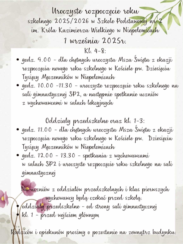 Informacje o rozpoczęciu roku szkolnego